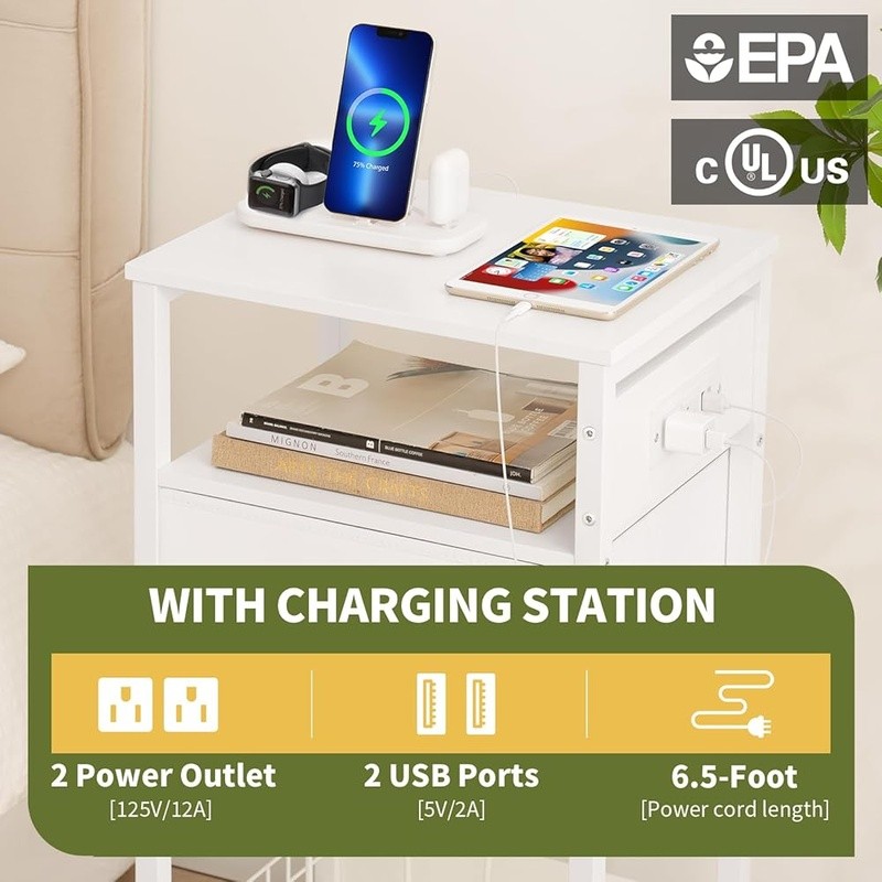 LED Nightstand Charging Station Record Storage Multifunctional Side Table New