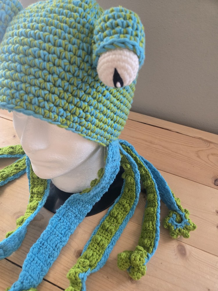 Handmade Squid Octopus Tentacle Hat Crochet Green Blue
