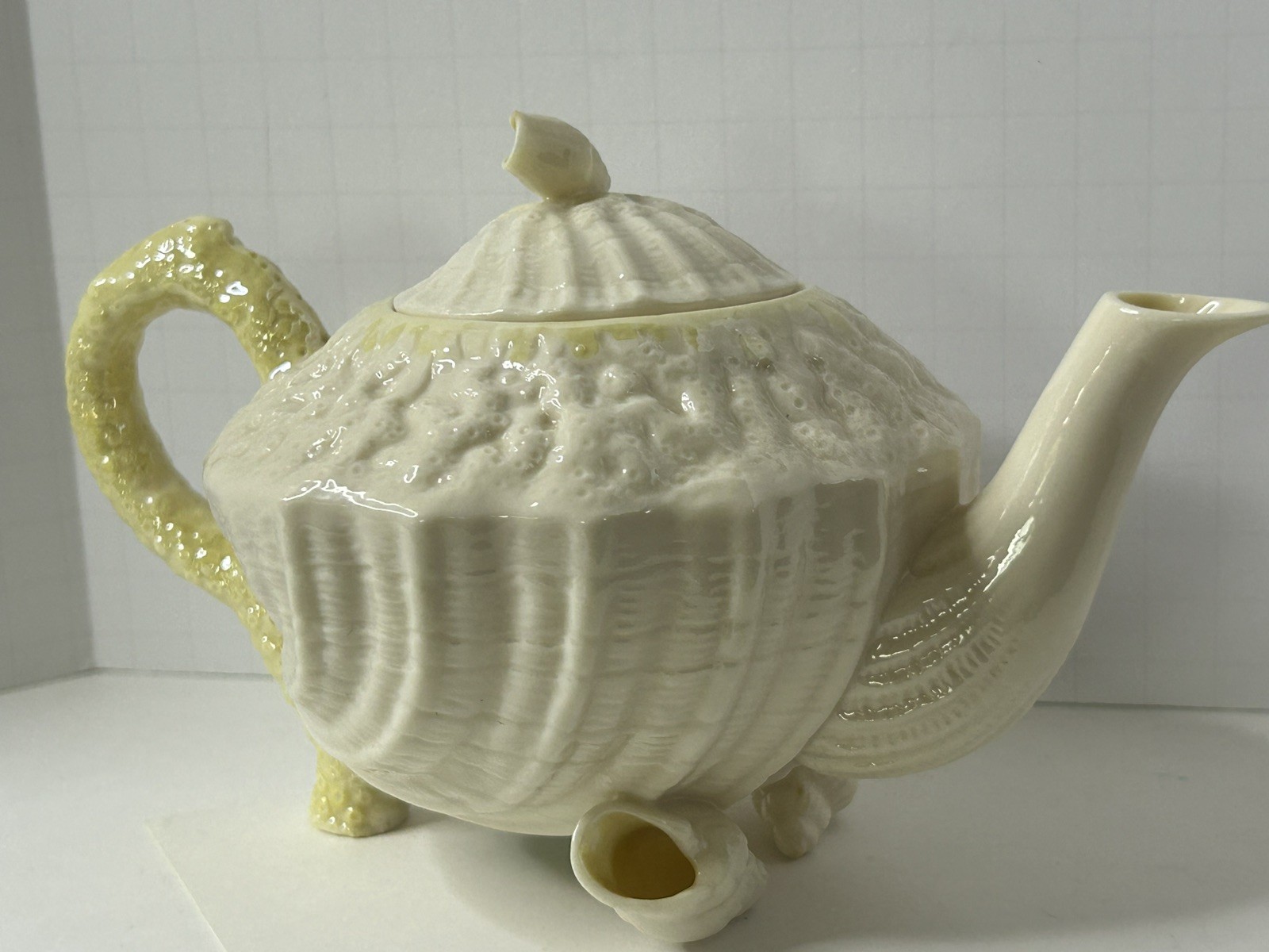 Antique Vintage Belleek Ireland Neptune Yellow Limpet Seashell Teapot w/ Lid