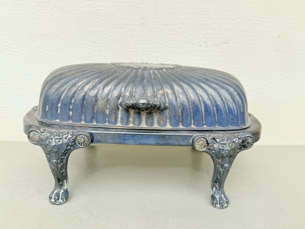 FB Rogers Silver Plated Roll Top Lion Head Claw Feet Covered Butter Dish