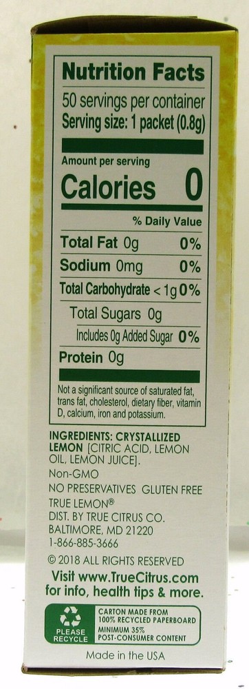 True Lemon ~ Crystallized Lemon ~ Real Flavor From Real Fruit ~ 50 Packets