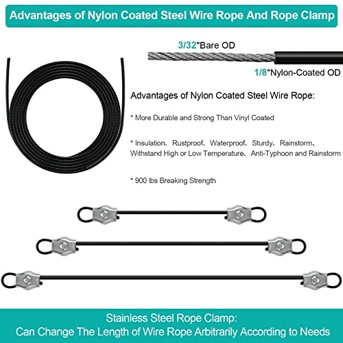 Sun Shade Sail Hardware Kit with 4pcs 10ft Length Extension Nylon Wire Rope,