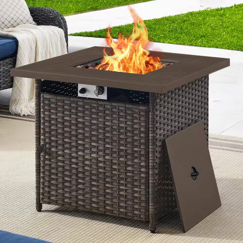 30 In. 50000 BTU Rectangular Brown Rattan Propane Outdoor Fire Pit Table with La