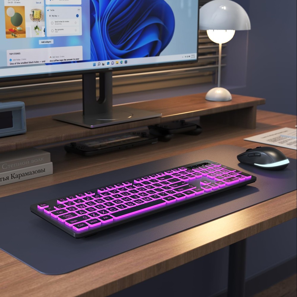 Large Print Wireless Keyboard Mouse Combo 7 Colors Backlit Oversize Letters
