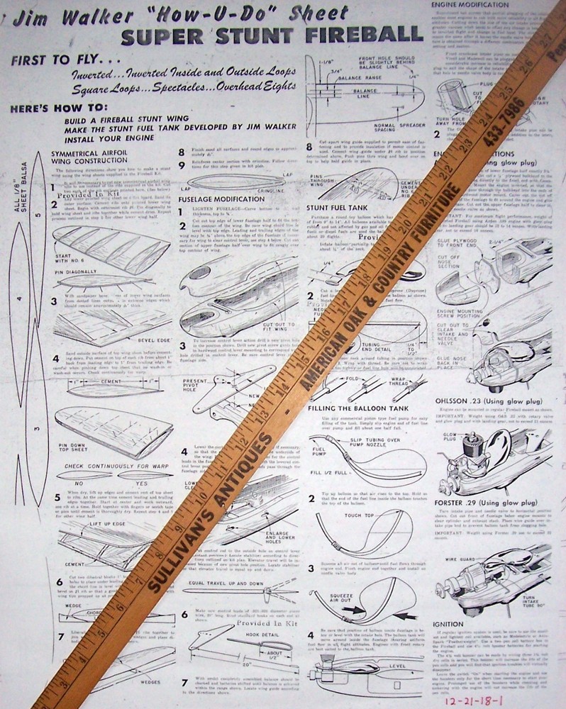 FIREBALL & FIREBALL BIPE PLANS + CONSTRUCTION ARTICLES for 2 UC Model Airplanes