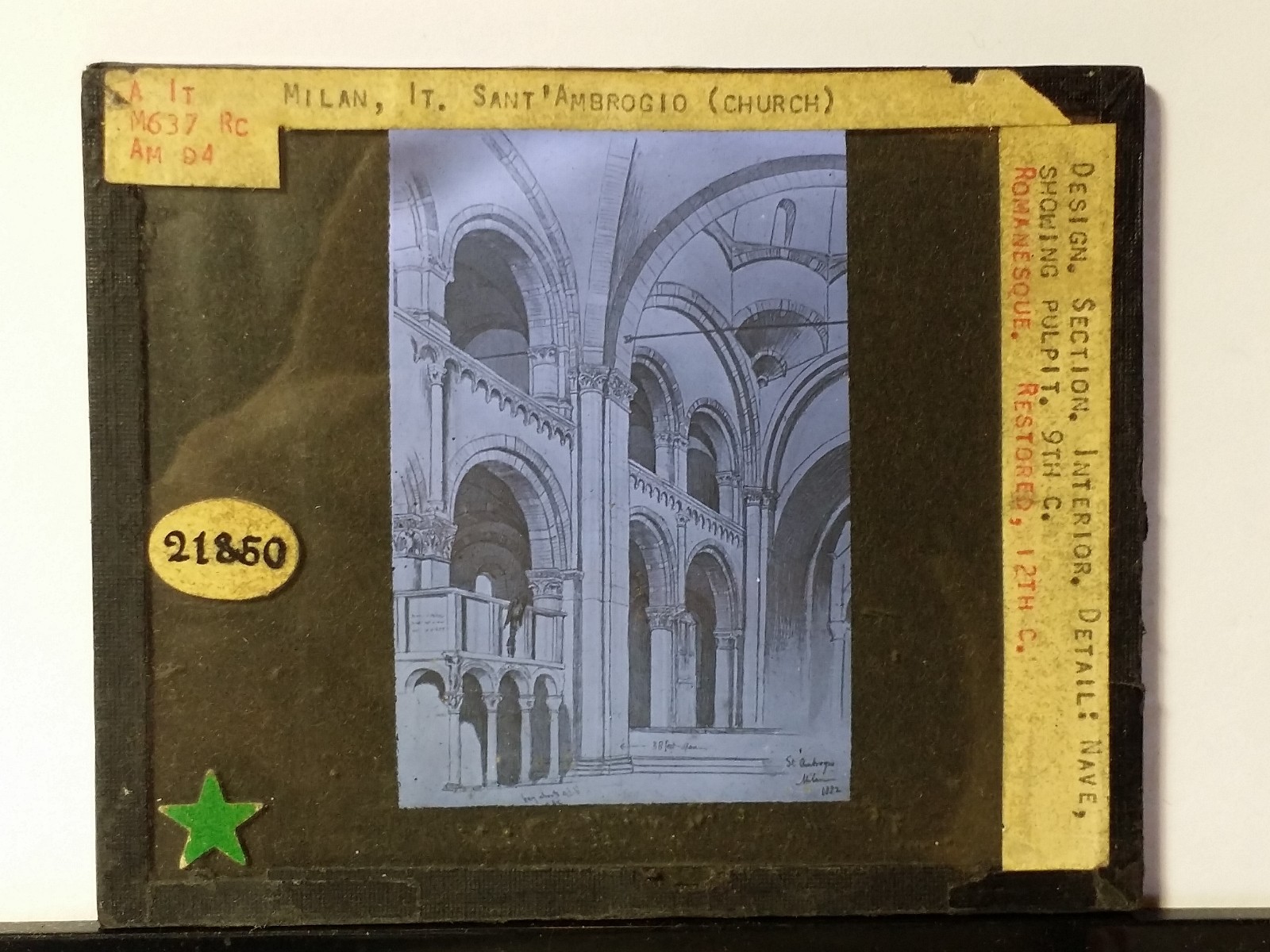 Nave Drawing, Basilica di Sant'Ambrogio, Milan, Italy, Magic Lantern Glass Slide