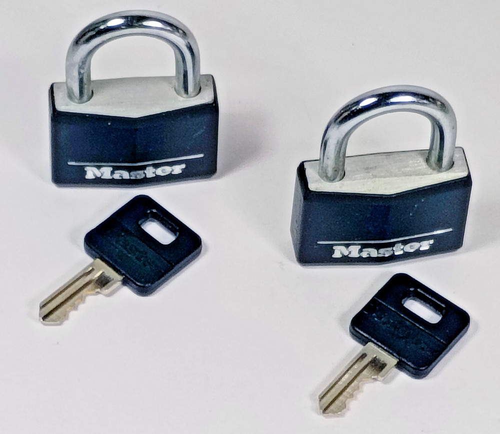 2 Master Padlocks with Keys. Keyed Alike. Each Key Fits Both Locks.