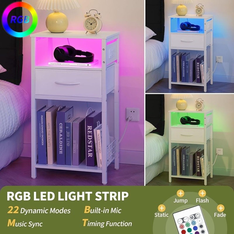 LED Nightstand Charging Station Record Storage Multifunctional Side Table New