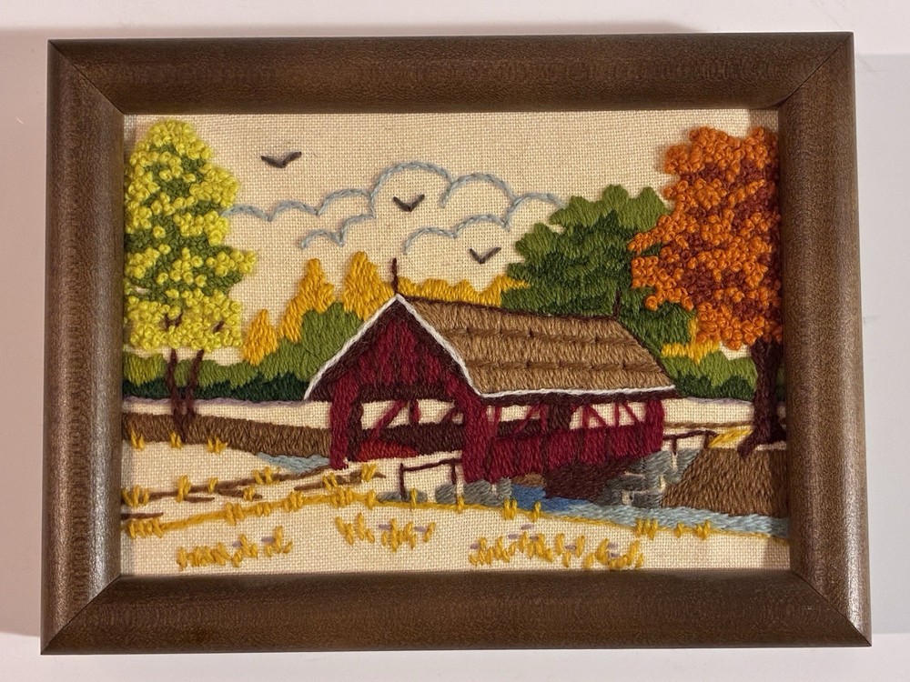 Vintage Embroidered Framed Wall Art Covered Bridge