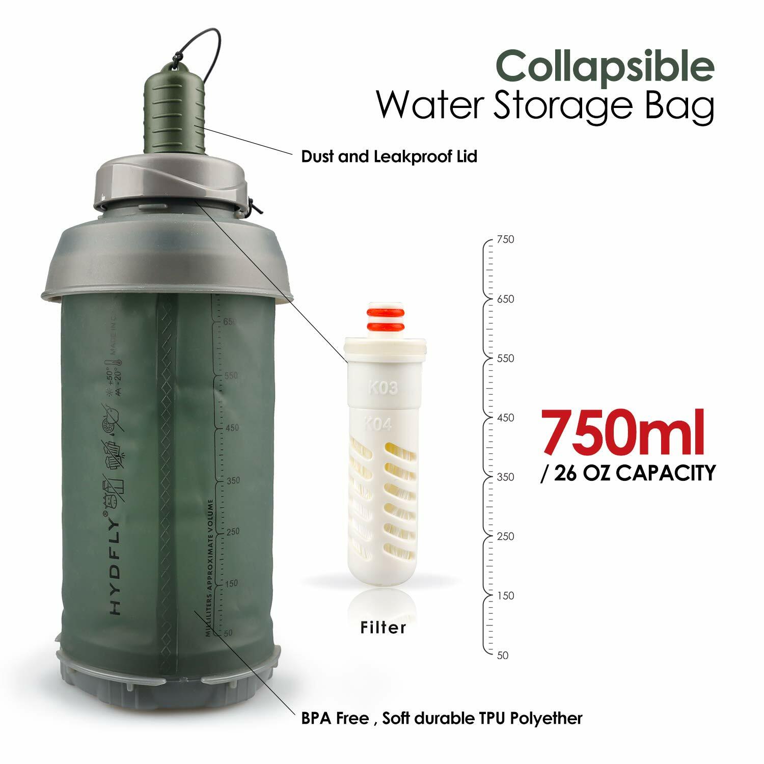 26Oz Collapsible Filter Bottle Water Filtering 2-Stage BPA Free Foldable Hiking