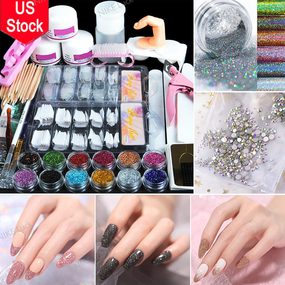 NEW Full Natural Acrylic Nail Art Kit Glitter Powder Manicure Set Brush Tools US