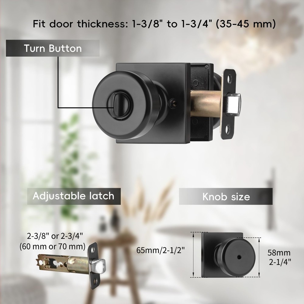 6 Pack Black Interior Door Knobs for Bath & Bed, Pismo Doorknob Turn Lock wit...