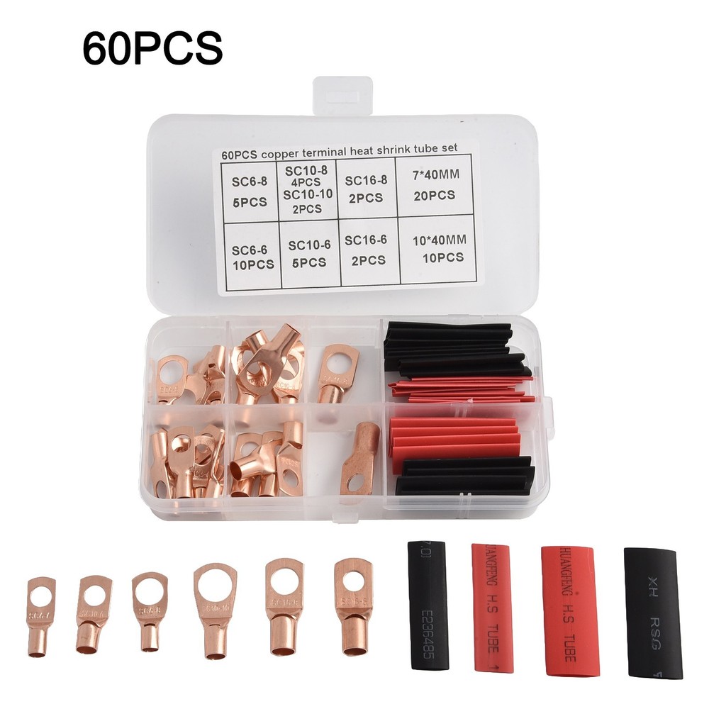 Complete Battery Terminal Copper Ring Terminal Wire Crimp Connector Kit 60pcs