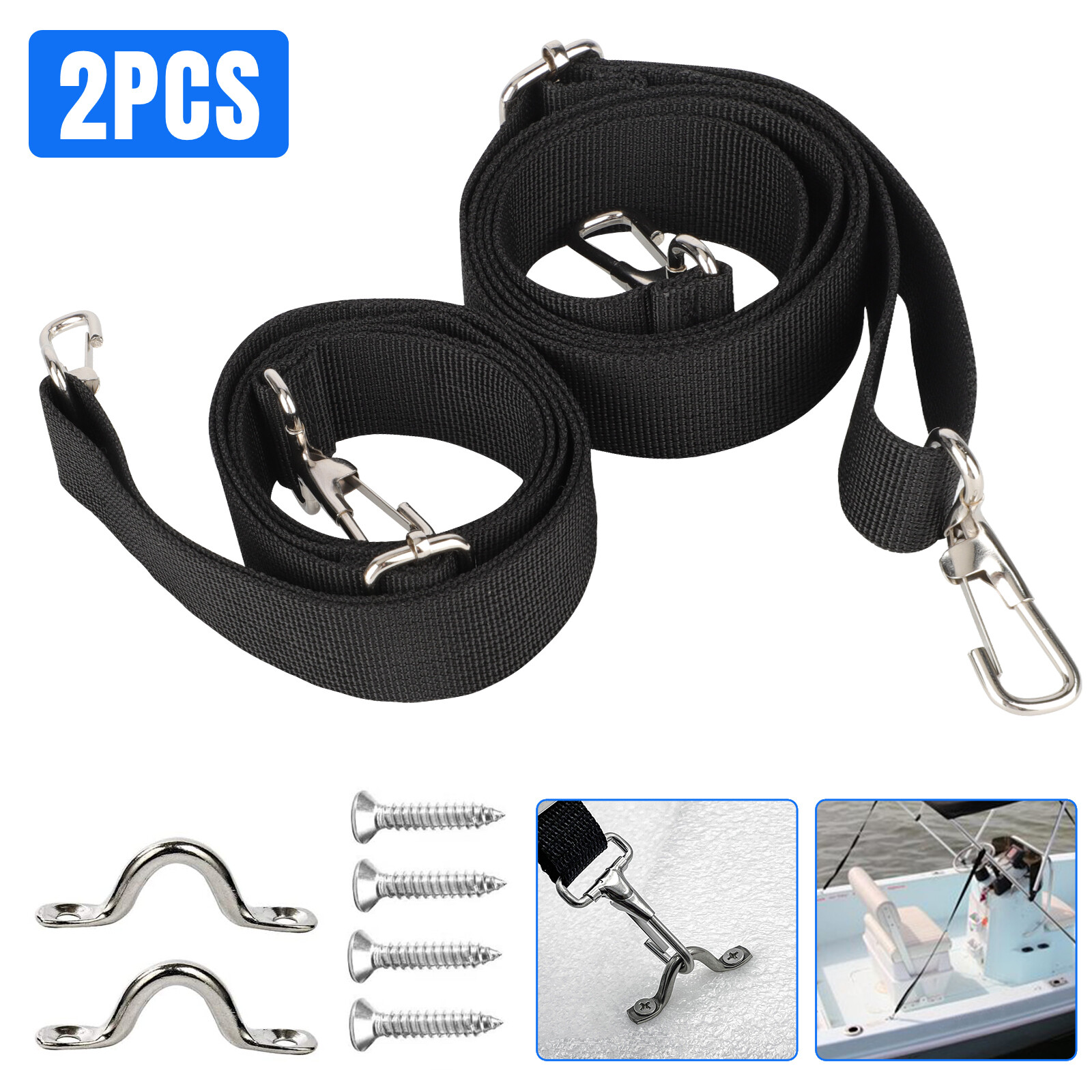 2x Adjustable Bimini Boat Top Straps Loops & Snap Hook Stainless Steel 24 To 43"
