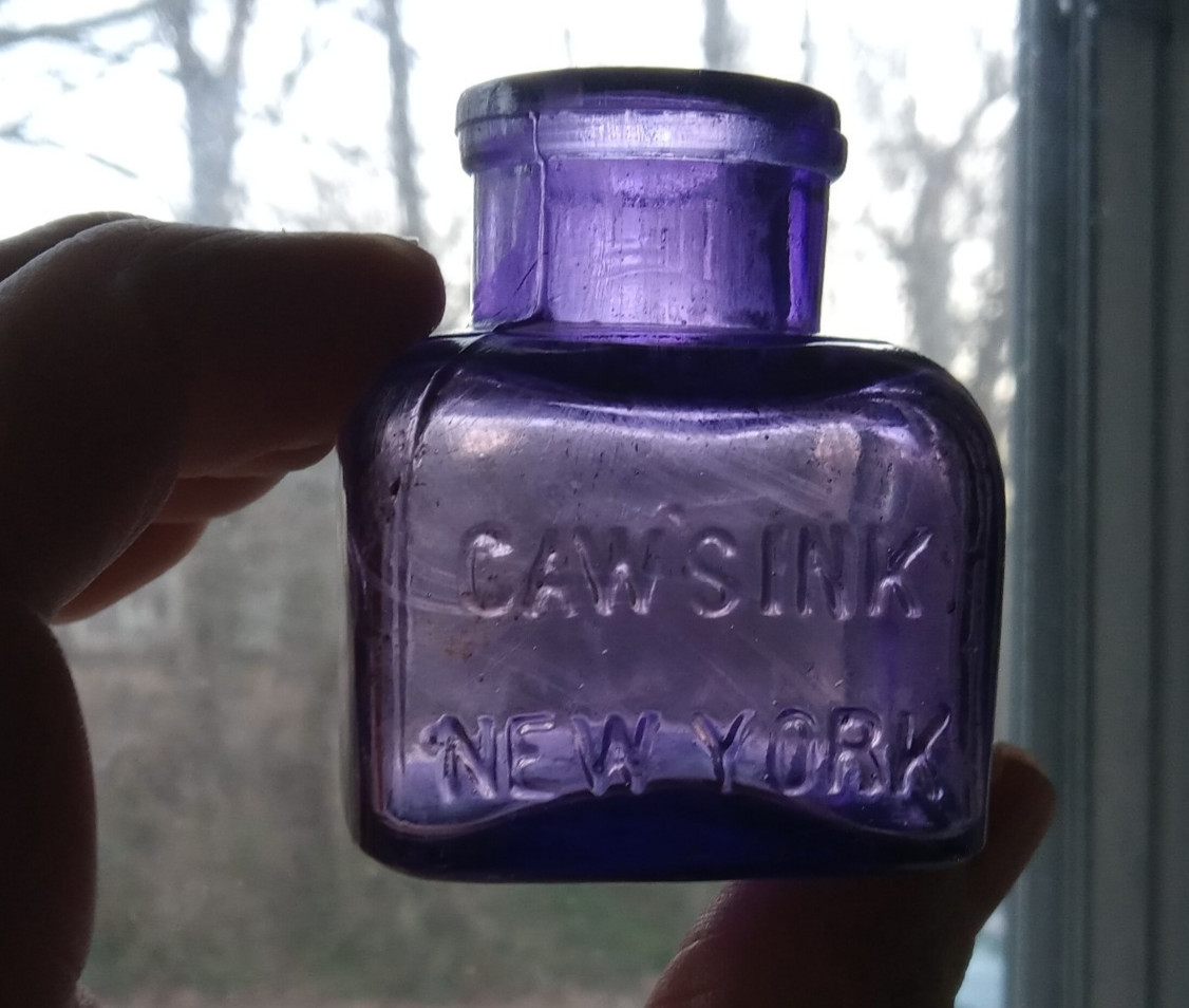 CAW'S INK NEW YORK BOLD EMB PRETTY AMETHYST EARLY 1900 SQUARE INK BOTTLE