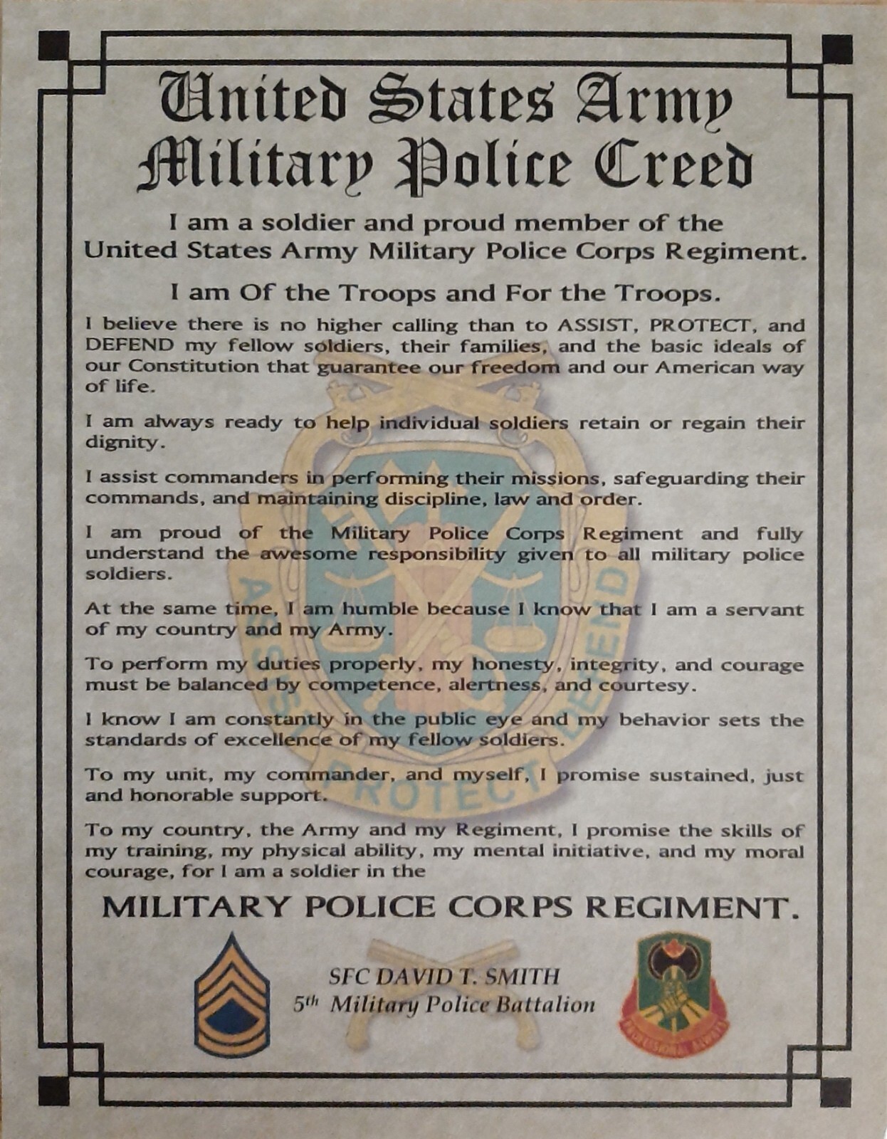 MC-NICE: ARMY Military Police MP Creed ALL UNITS PERSONALIZED