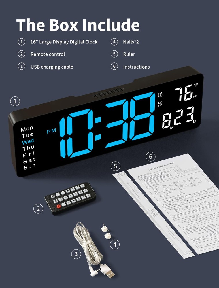 Digital Wall Clock, 16" Large Display Digital Clock with Remote Control, Auto...