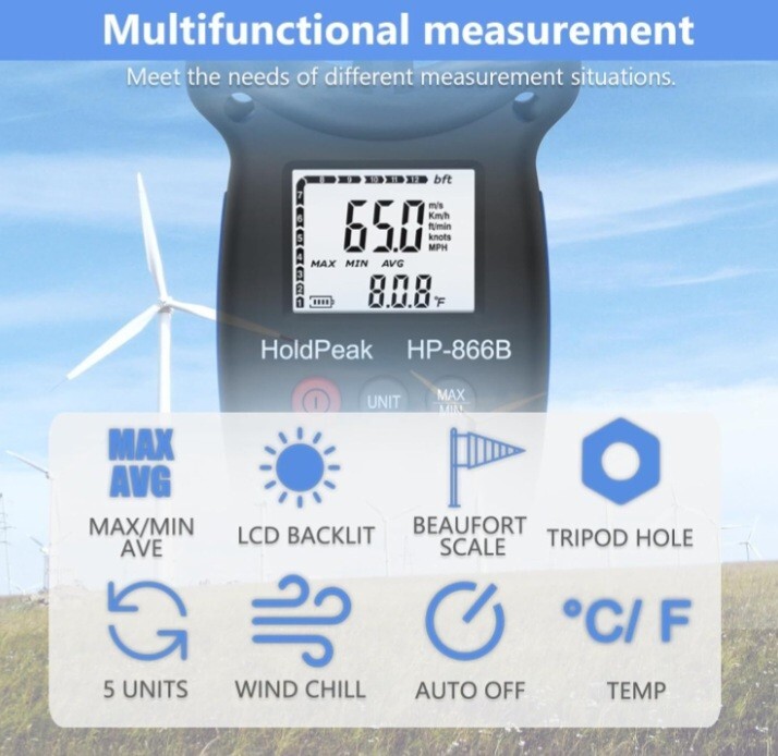 Digital Anemometer Air Flow Meter LCD Wind Speed Gauge Handheld 866B