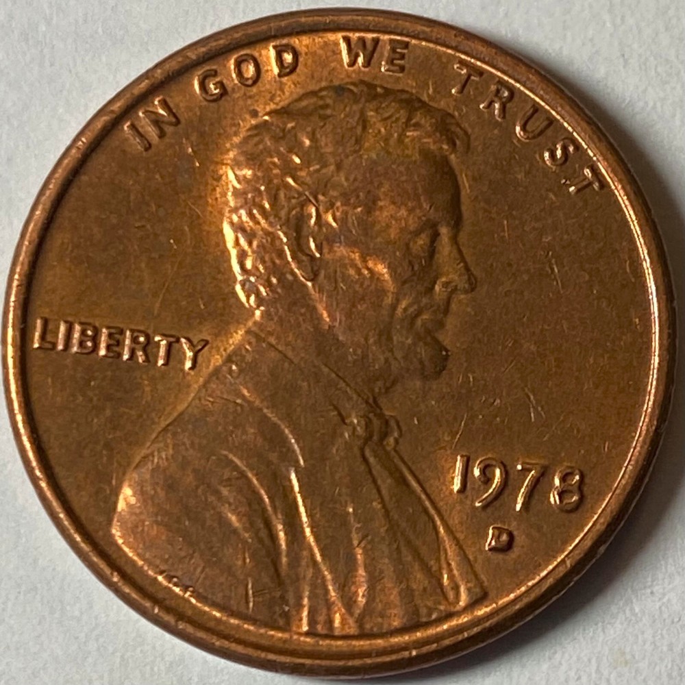 1978 D Penny - Reverse initials FG struck through grease.