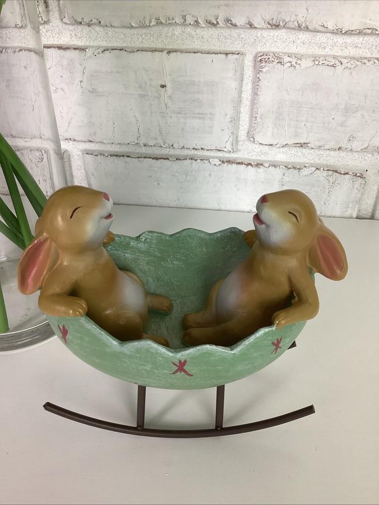 Bunny Rabbits in Rocking Easter Egg Cradle Decoration