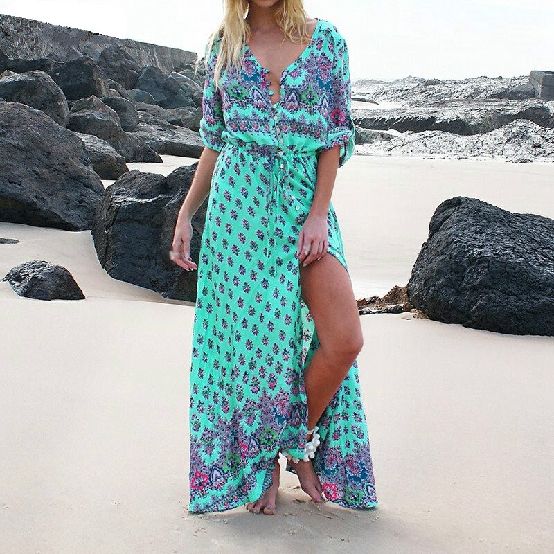 Women's Casual Sundress Boho Beach Slit Long Maxi Floral Summer Beach Dress