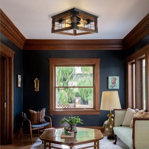 Rustic 2/4 Light Ceiling Fixture，Farmhouse Wood Flush Mount Ceiling Light Cage
