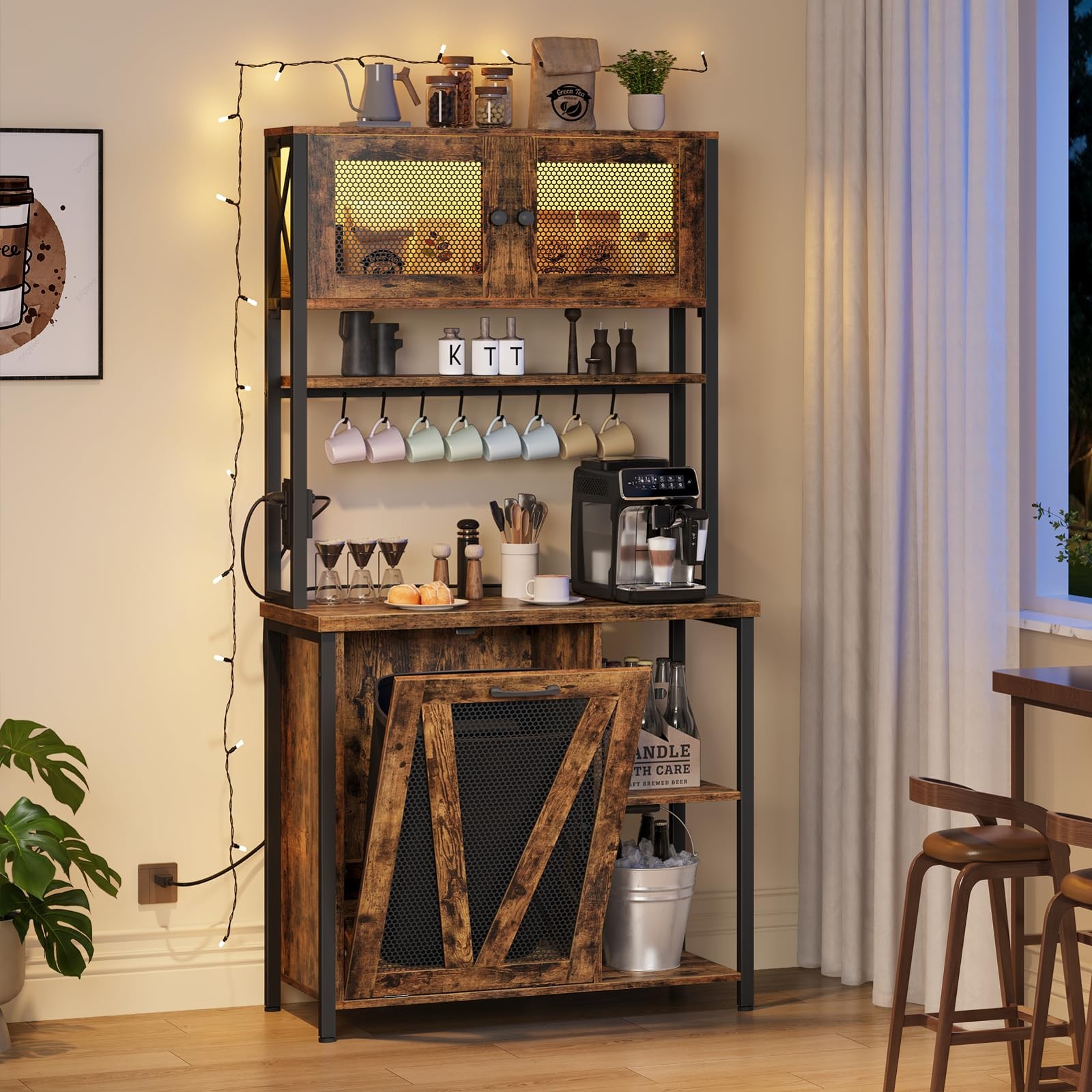 Bakers Rack with Trash Can Bin Cabinet, 6-Tier Microwave Stand with LED Stripe