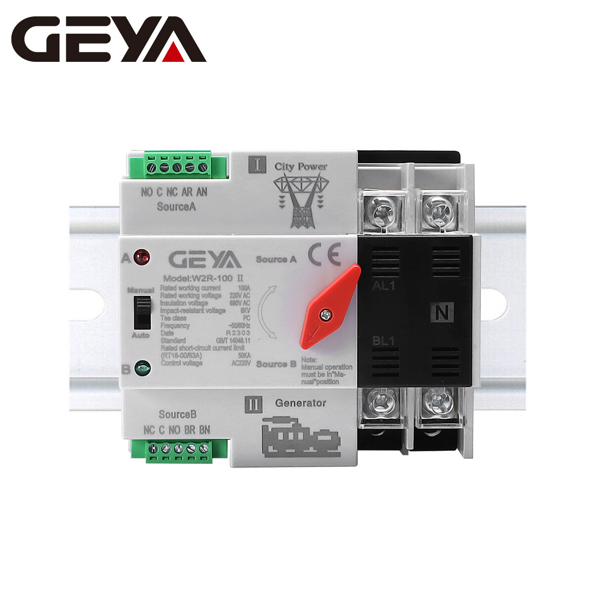 GEYA 2P 100A 220V Dual Power Automatic Transfer Switch Grid to Alternator50/60Hz