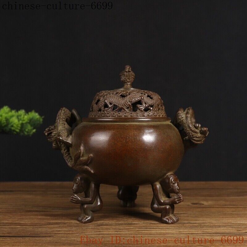 8" Chinese bronze Chinese Zodiac animal dragon loong incense burner censer