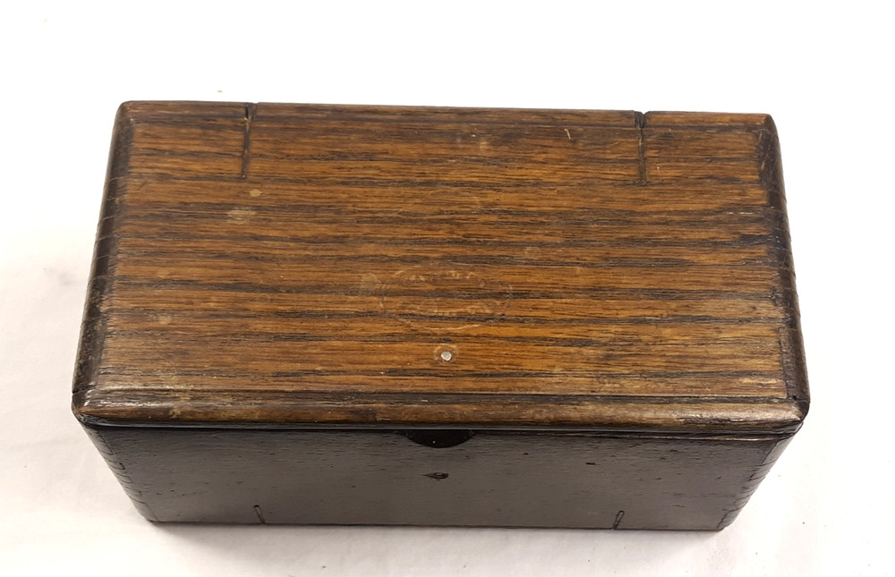 1889 Singer Sewing Machine Oak Folding Box with Some Attachments