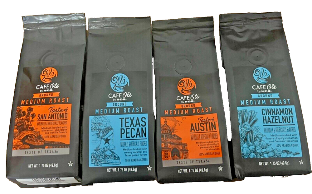 4 Assorted CAFE Ole’ by H-E-B Coffee Grounds All Medium Roast Texas 1.75 oz