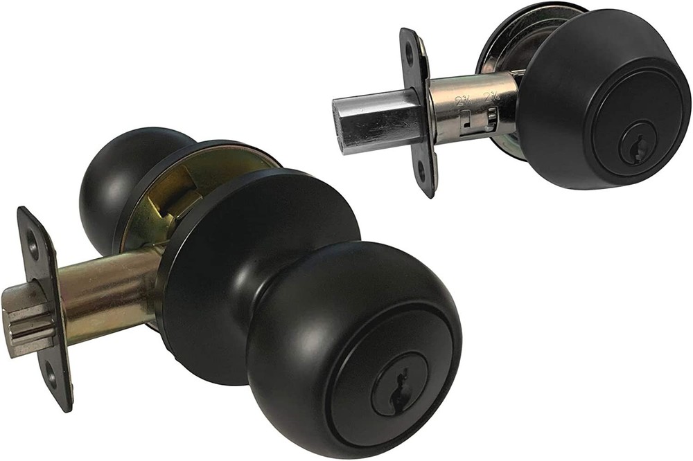 Entry Entrance with Deadbolt  Black Door Lock Locks Knob round knobs Keyed