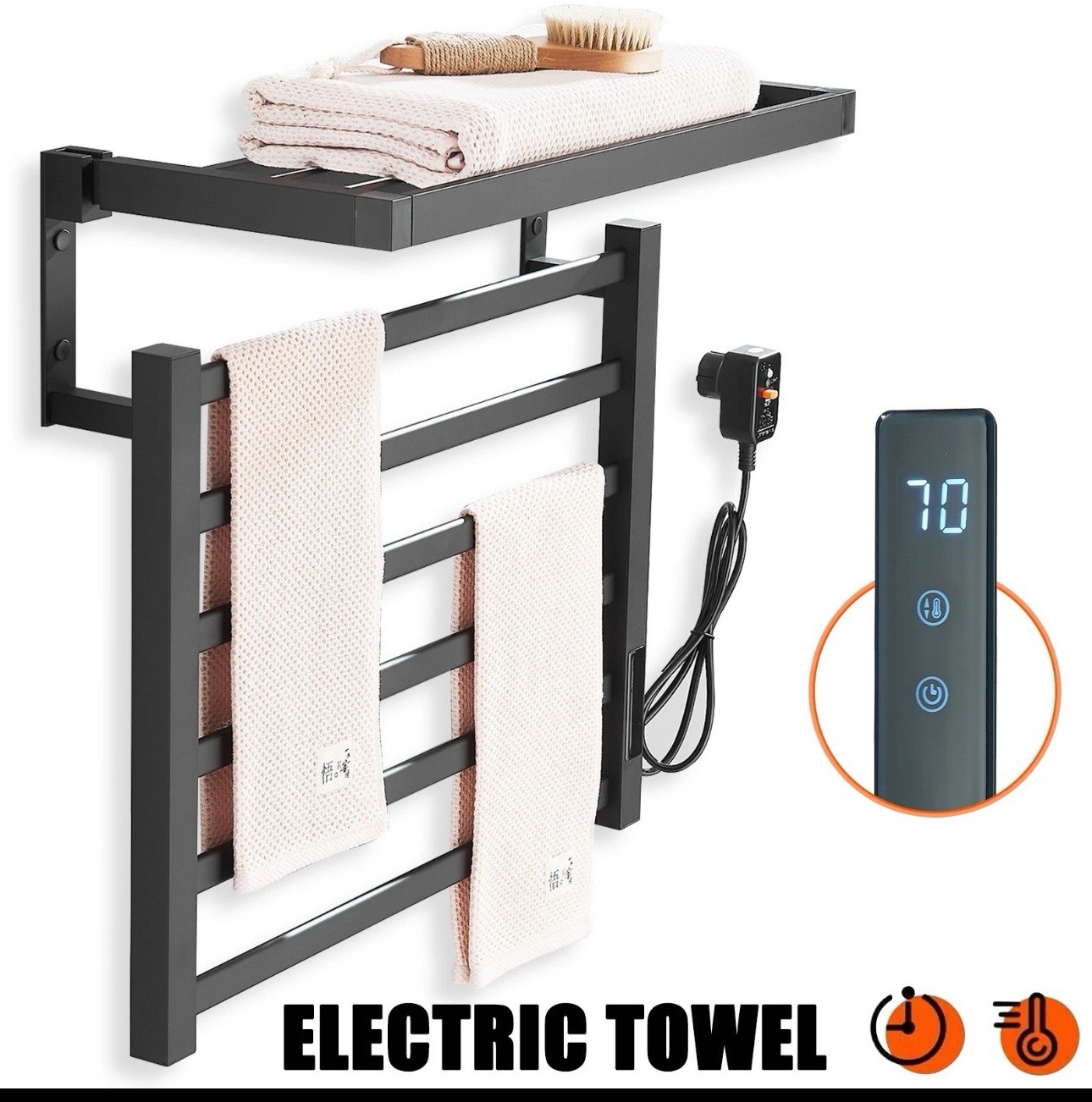 Black Heated Towel Rack Wall Mount Towel Warmer Bathroom Electric Towel Rack set