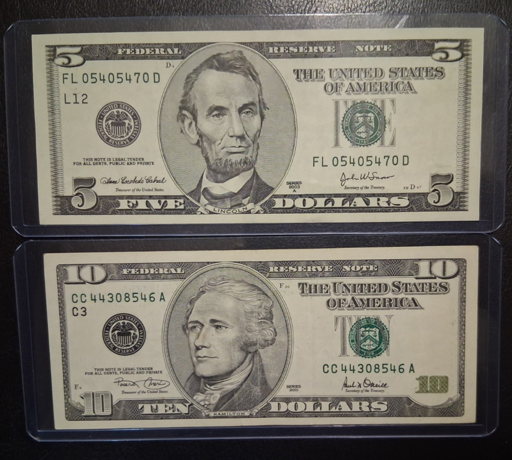 US TEN and FIVE DOLLARS 2001-2003 VF/AU