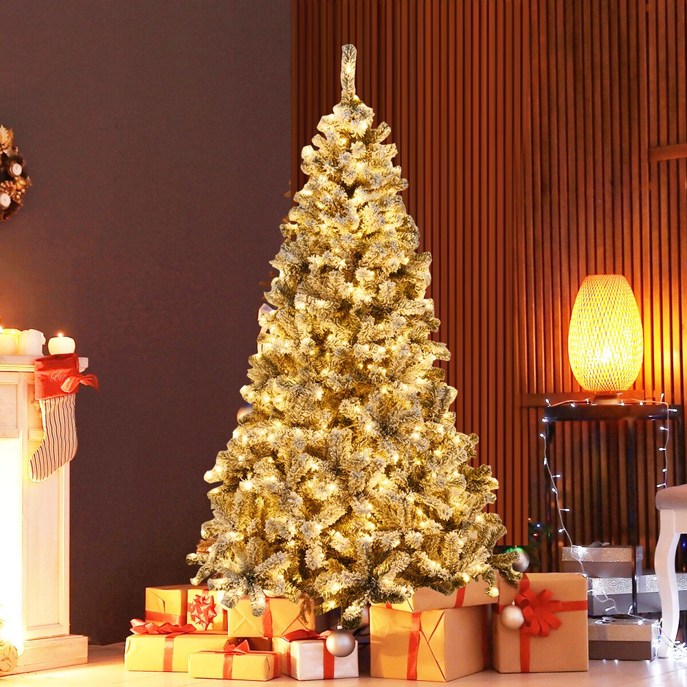 Topbuy Snow Flocked Christmas Tree Hinged Pine Tree with Solid Metal Stand