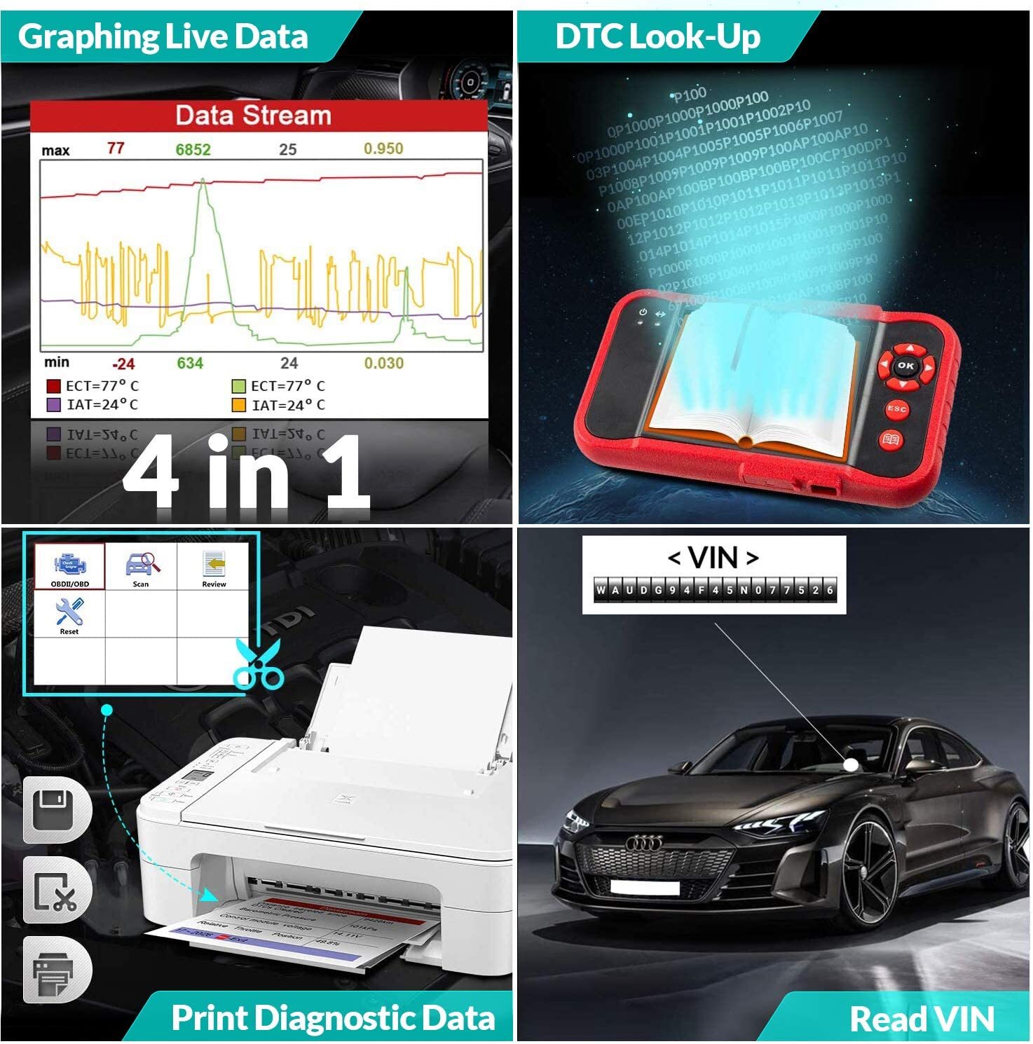 Check Engine OBD2 Scanner Transmission ABS SRS Code Reader Car Diagnostic Tool