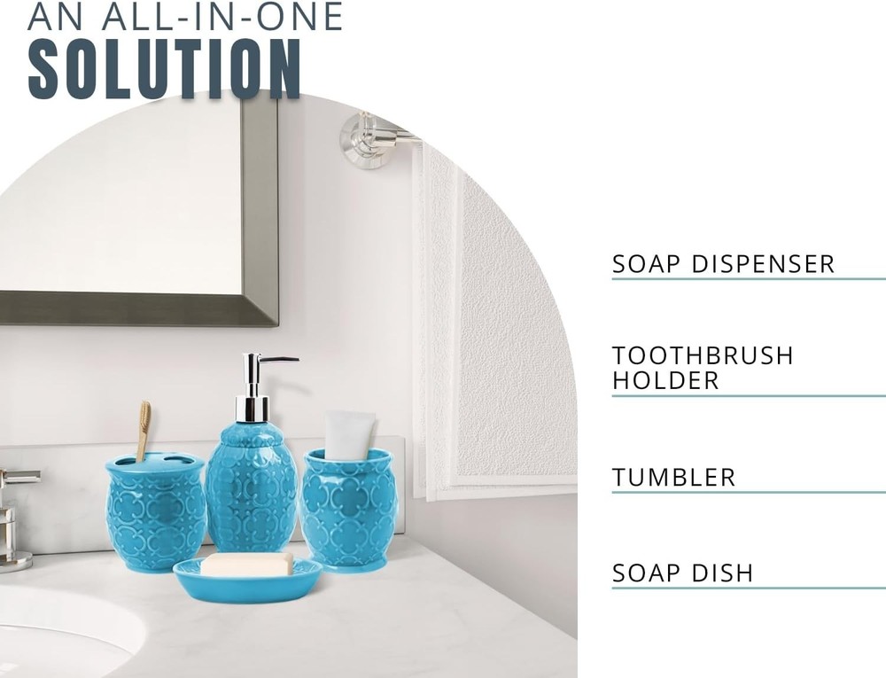 4-Piece Bathroom Accessory Set - Ceramic Bath Set with Blue Glossy Finis