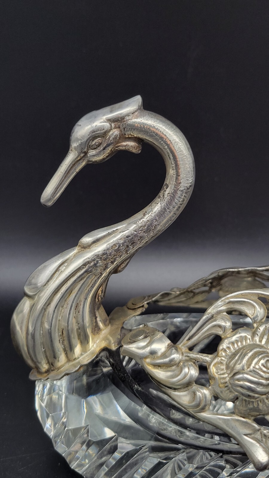 Vintage Sterling Silver & Crystal Swan Master Salt Cellar / Caviar Bowl, 5 1/4"