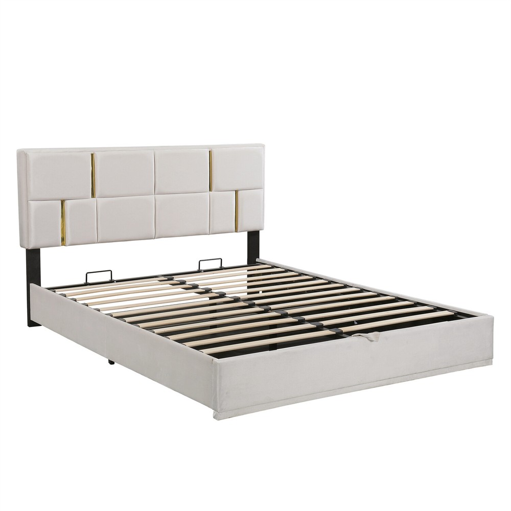 Queen Size Upholstered Platform Bed Frame with Hydraulic Storage System US