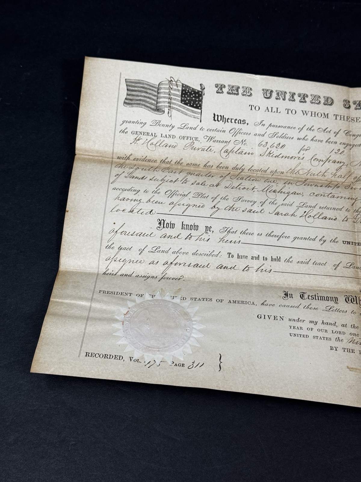 Original 1865 Andrew Johnson Civil War Land Grant 120 Detroit MI David Whitney
