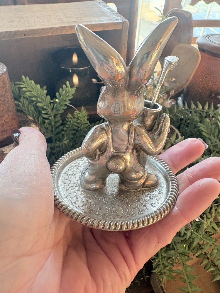 Vintage Seba Ring Cuff Link Holder Silver Plated Bunny Rabbit Golfer Marked Club