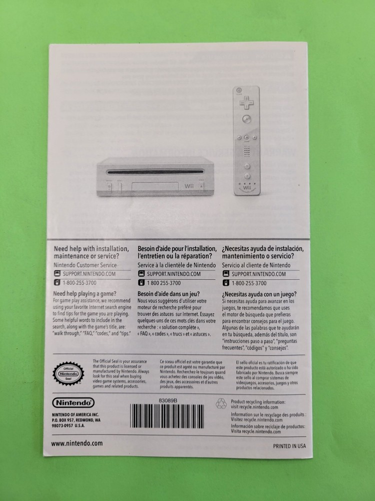 Viewing Electronic Manual Nintendo Wii INSERT ONLY Authentic Original
