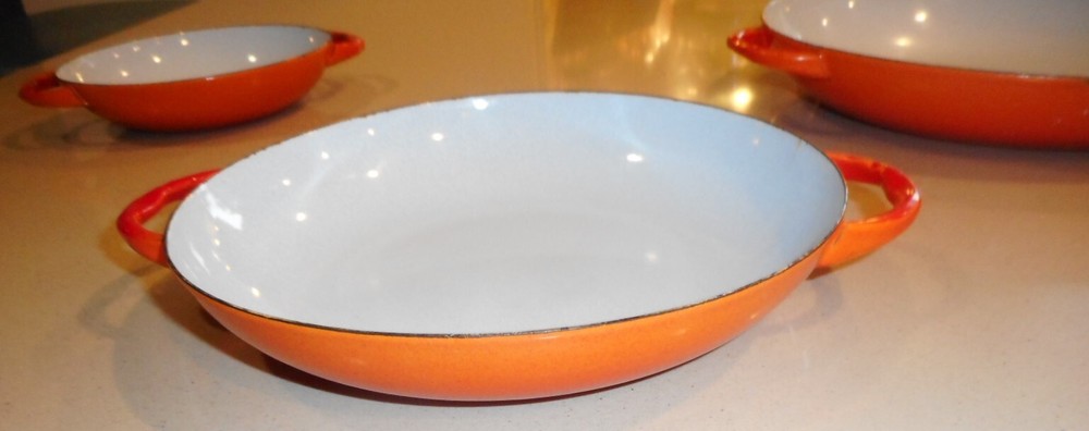 Sauté Pans Orange & White Enamel Set 3 Nesting