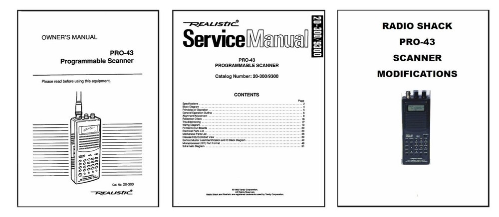 RADIO SHACK PRO-43 OPERATING + SERVICE MANUALS + MODIFICATIONS DOC