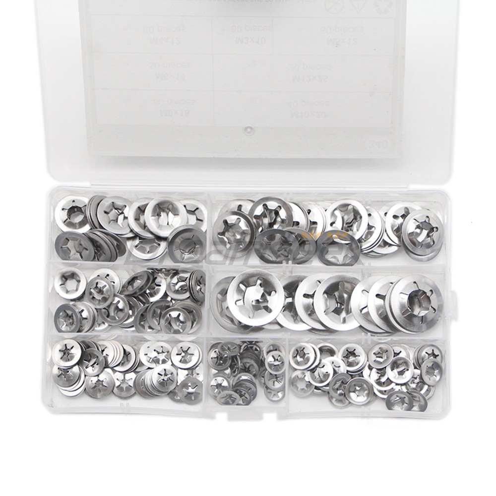 340Pcs Internal Tooth Star Lock Spring Quick Washer Push On Speed Nut Assortment