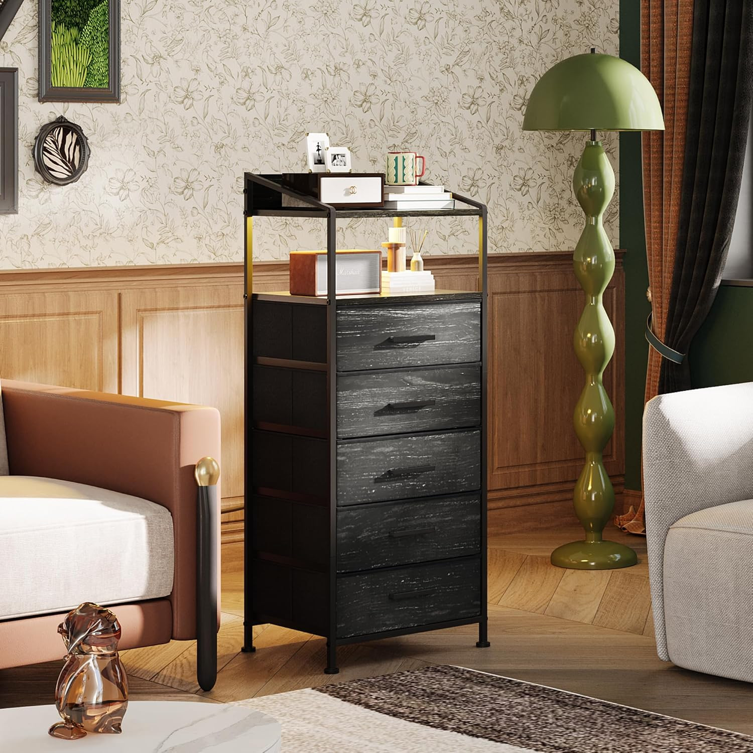 Nightstand 5 Drawer Dresser with LED Lights and Charging Station, Vertical Side