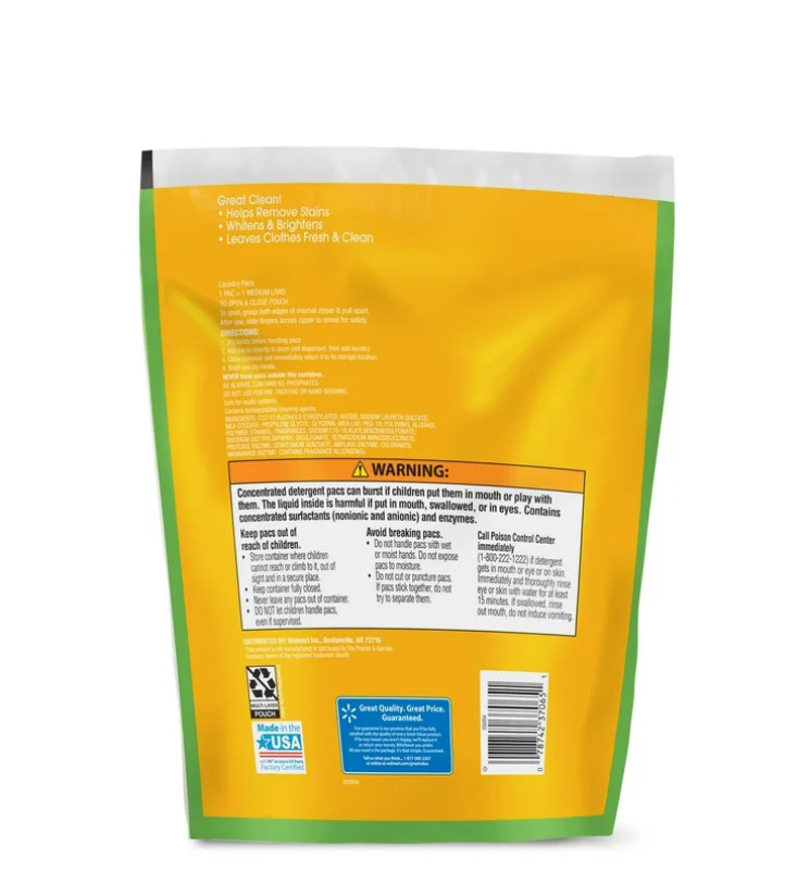 (4 pack) Great Value Ultimate Fresh Laundry Pacs, Original Clean, 60 Count