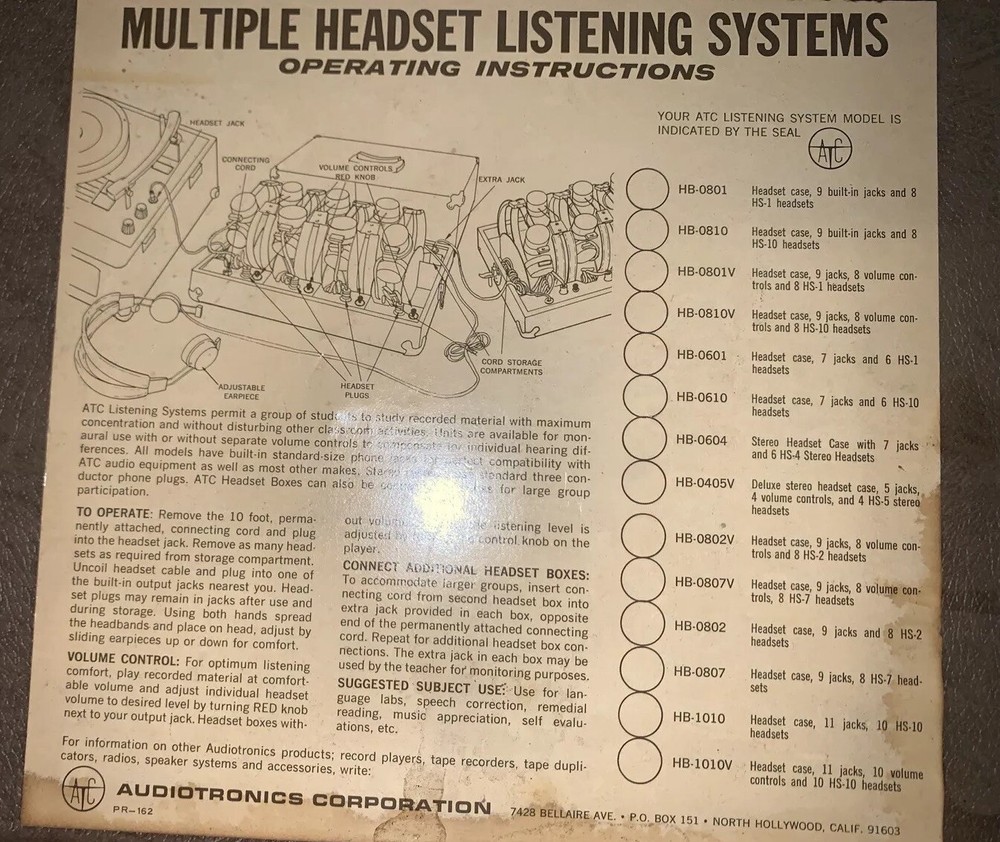 Vtg Audiotronics Multiple Headset Listening System HB-0807, 9 Jack, 6 Headsets