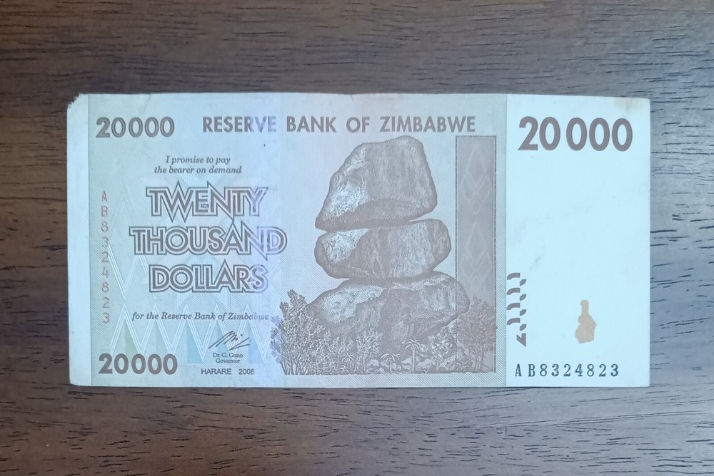 Zimbabwe 2008 $20,000 note, from the hyperinflation era