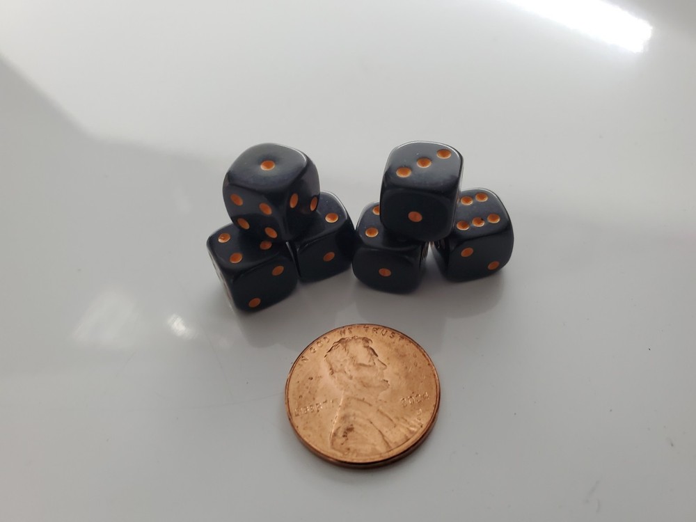 New Opaque Rounded Corner 3/8" Dice Black With Orange Pips
